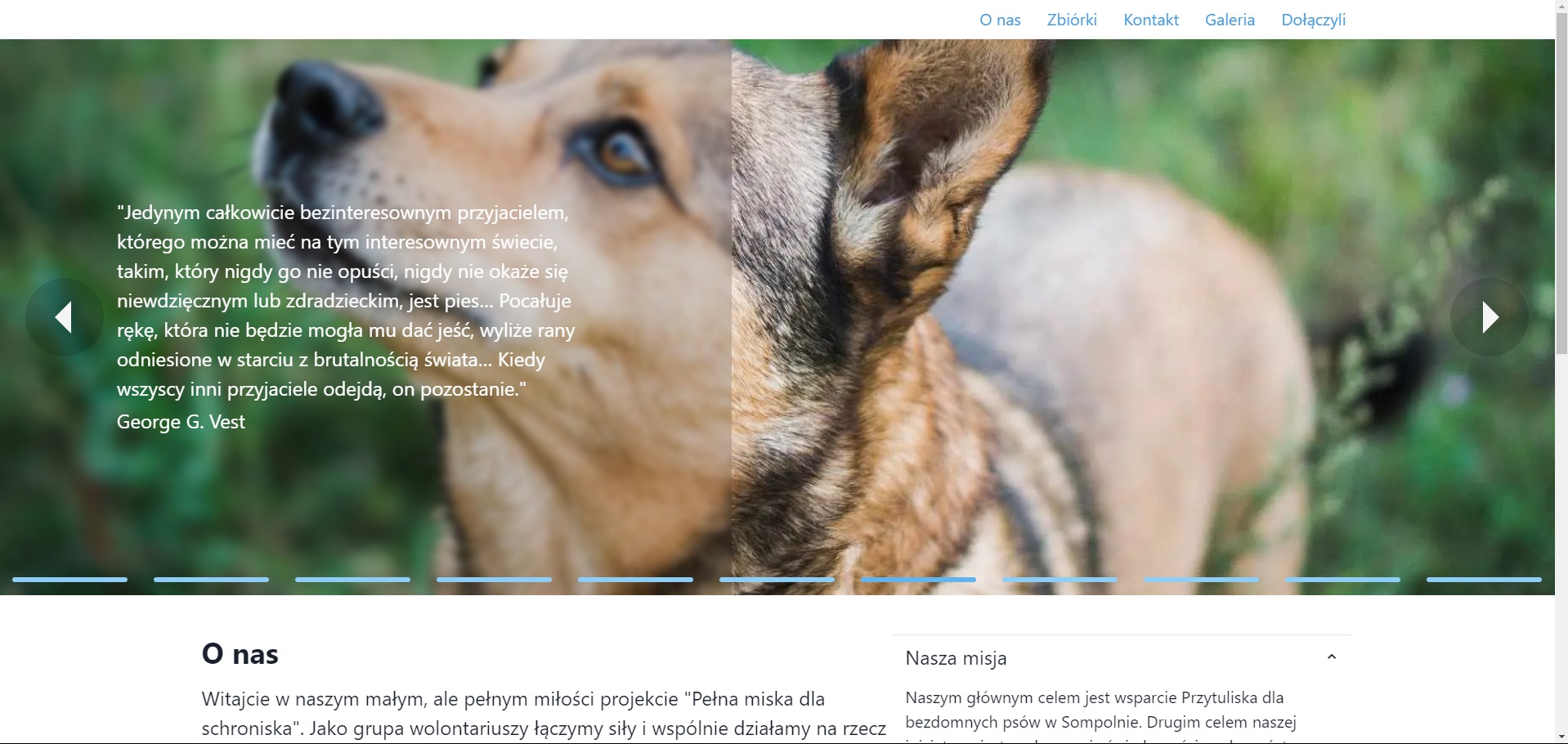 Strona internetowa organizacji wolontariackiej kochamypsiaki.pl z dużym zdjęciem psa w tle i cytatem o przyjaźni zwierząt.