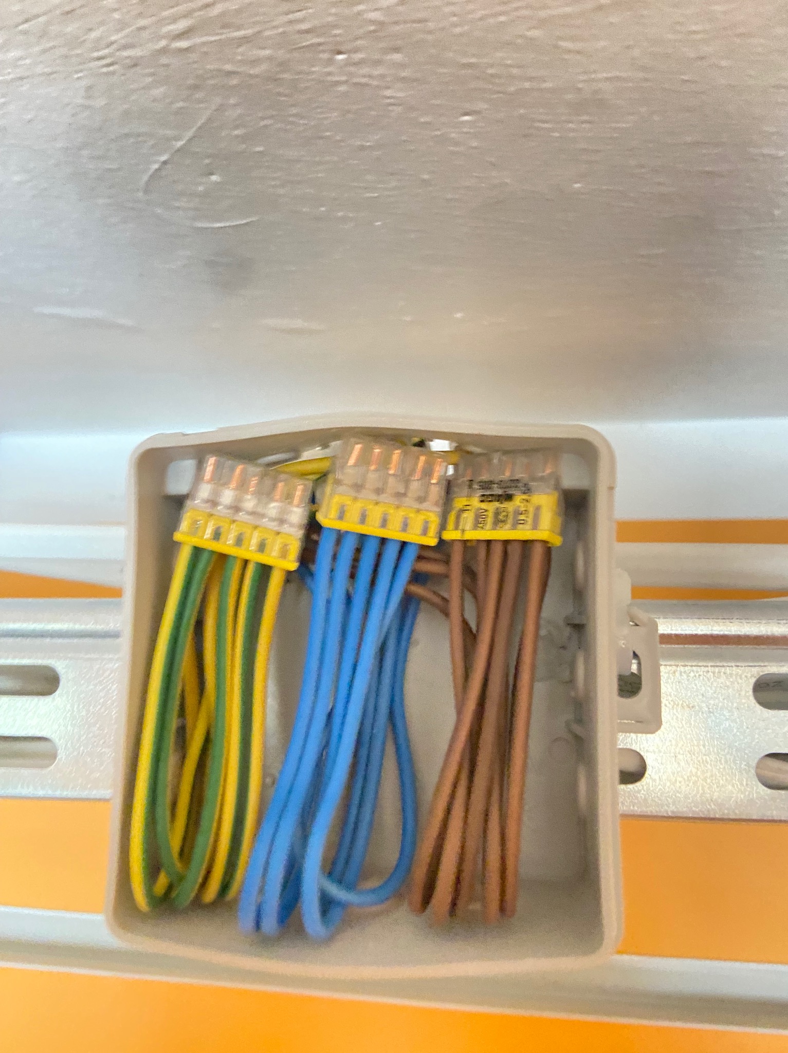 Zbliżenie na puszkę instalacyjną z podłączonymi przewodami w kolorach: żółto-zielonym, niebieskim i brązowym. Przewody zamocowane w złączkach WAGO, widoczna szyna montażowa.