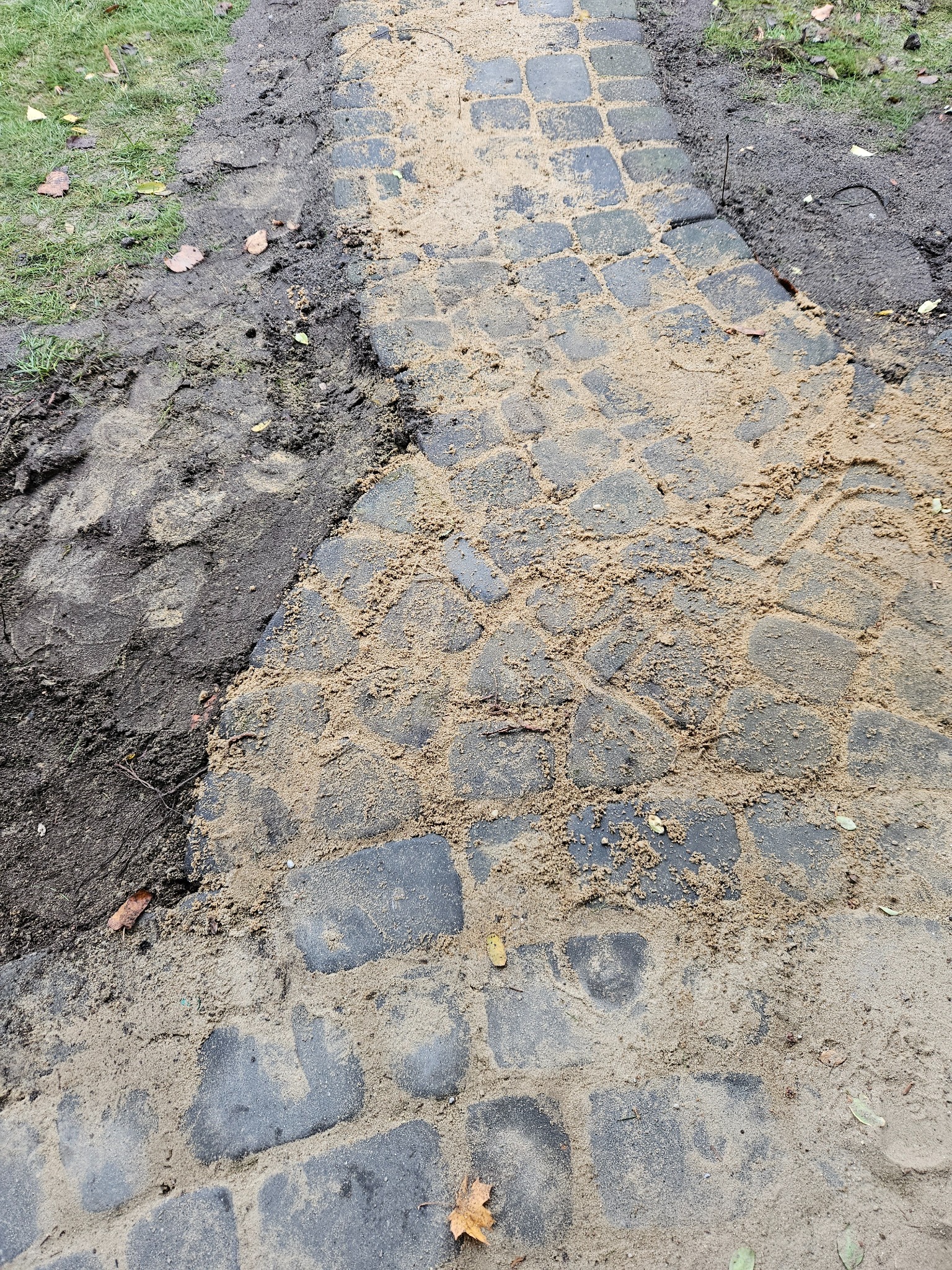 Ścieżka z kostki granitowej w trakcie budowy, częściowo zasypana piaskiem, z widocznym fragmentem trawnika i błota po lewej stronie.
