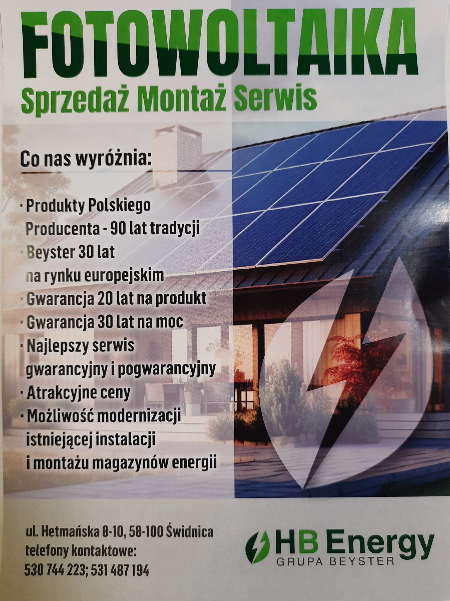 Plakat reklamowy firmy HB Energy oferującej sprzedaż, montaż i serwis fotowoltaiki, z informacjami o produktach polskich producentów, gwarancji i możliwości modernizacji instalacji.