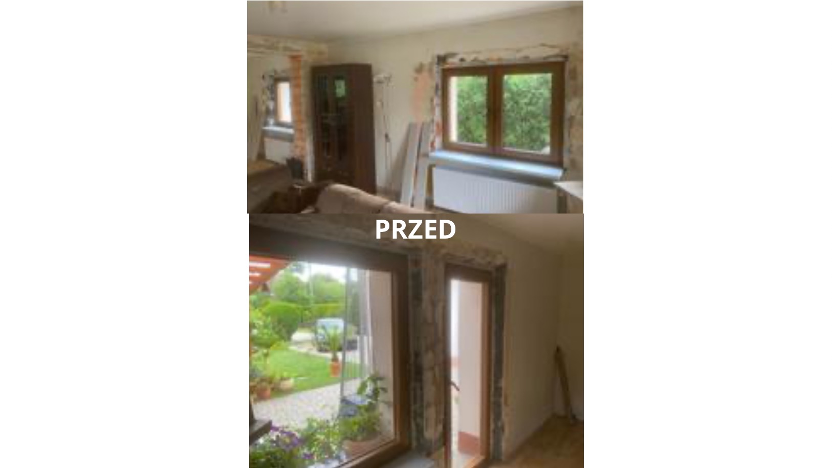 Zdjęcie 'przed' remontem: wnętrze z oknem i usuniętymi fragmentami tynku, widok na ogród przez okno. Porównanie stanu przed rozpoczęciem prac remontowych.