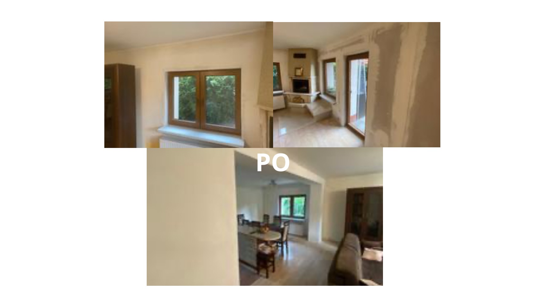 Remont pokoju: kolaż 'przed' - ściany z nierównościami, 'po' - gładkie, pomalowane ściany, odświeżone wnętrze z nowymi meblami i oknami z drewnianą ramą.