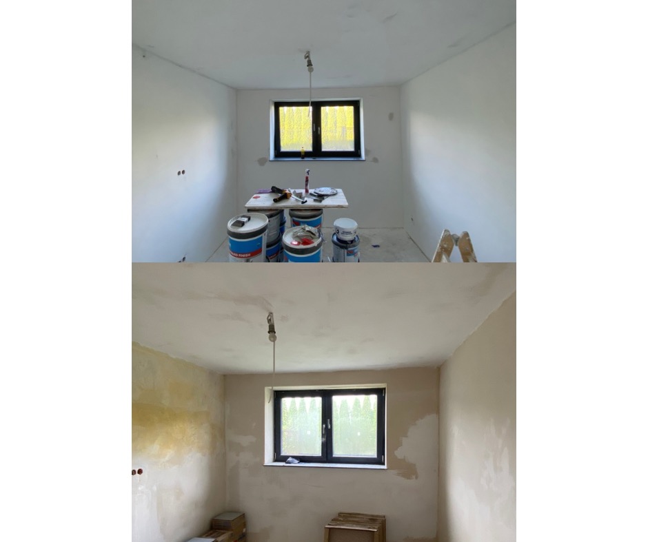 Zdjęcie 'przed i po' przedstawia pokój: górna część ukazuje przygotowania do malowania, z farbami i narzędziami, dolna - pokój po szpachlowaniu, gotowy do malowania.