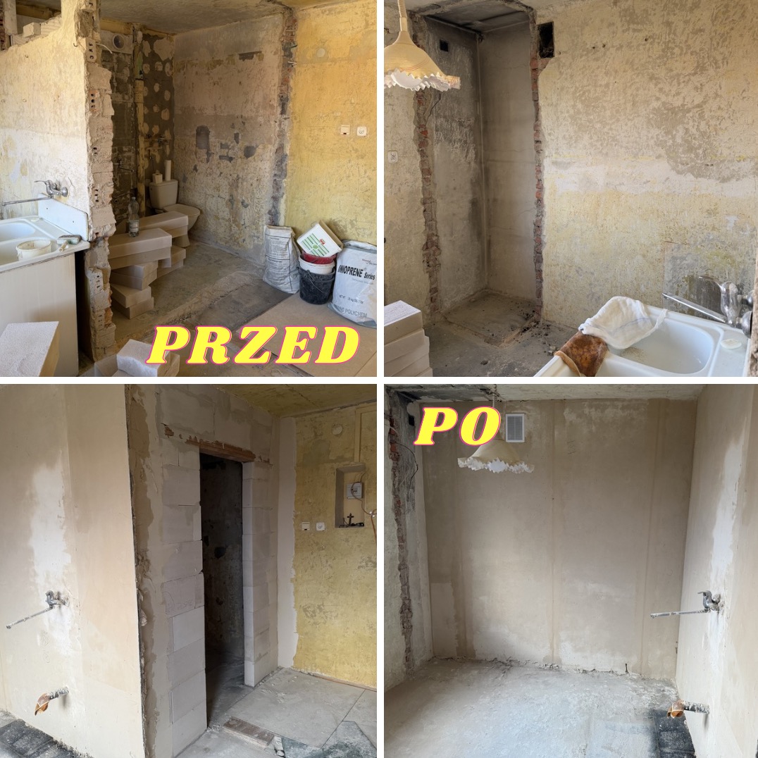 Murowanie ścianki działowej z bloczka komórkowego z otworem na drzwi . Tynkowanie 2 ścian kuchennych do kąta 90 stopni.