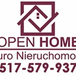 Logo firmy OPEN HOME Biuro Nieruchomości z motywem domu w kwadracie i numerem telefonu w kolorze bordowym.
