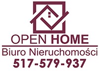 Logo firmy OPEN HOME Biuro Nieruchomości z motywem domu w kwadracie i numerem telefonu w kolorze bordowym.