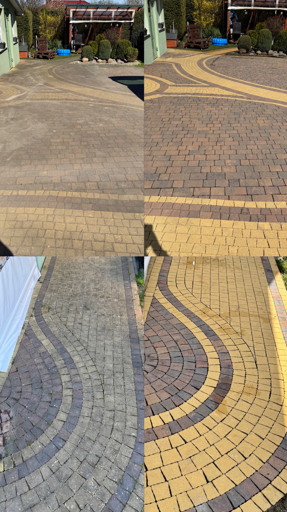 Efekt przed i po mycia kostki brukowej na podjeździe. Widoczne różnice w czystości i kolorze kostki. Część kostki jest umyta, a część brudna.