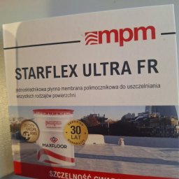 DAMIAN SITEK KAMIENNE DYWANY - Folder reklamowy membrany polimocznikowej Starflex Ultra FR do uszczelniania powierzchni, z logo MPM, informacją o 30-letniej trwałości i gwarancji szczelności.