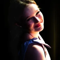 Portret uśmiechniętej blondynki w sukni z odkrytymi ramionami, wykonany w Sianowie w kontraście światła i cienia.