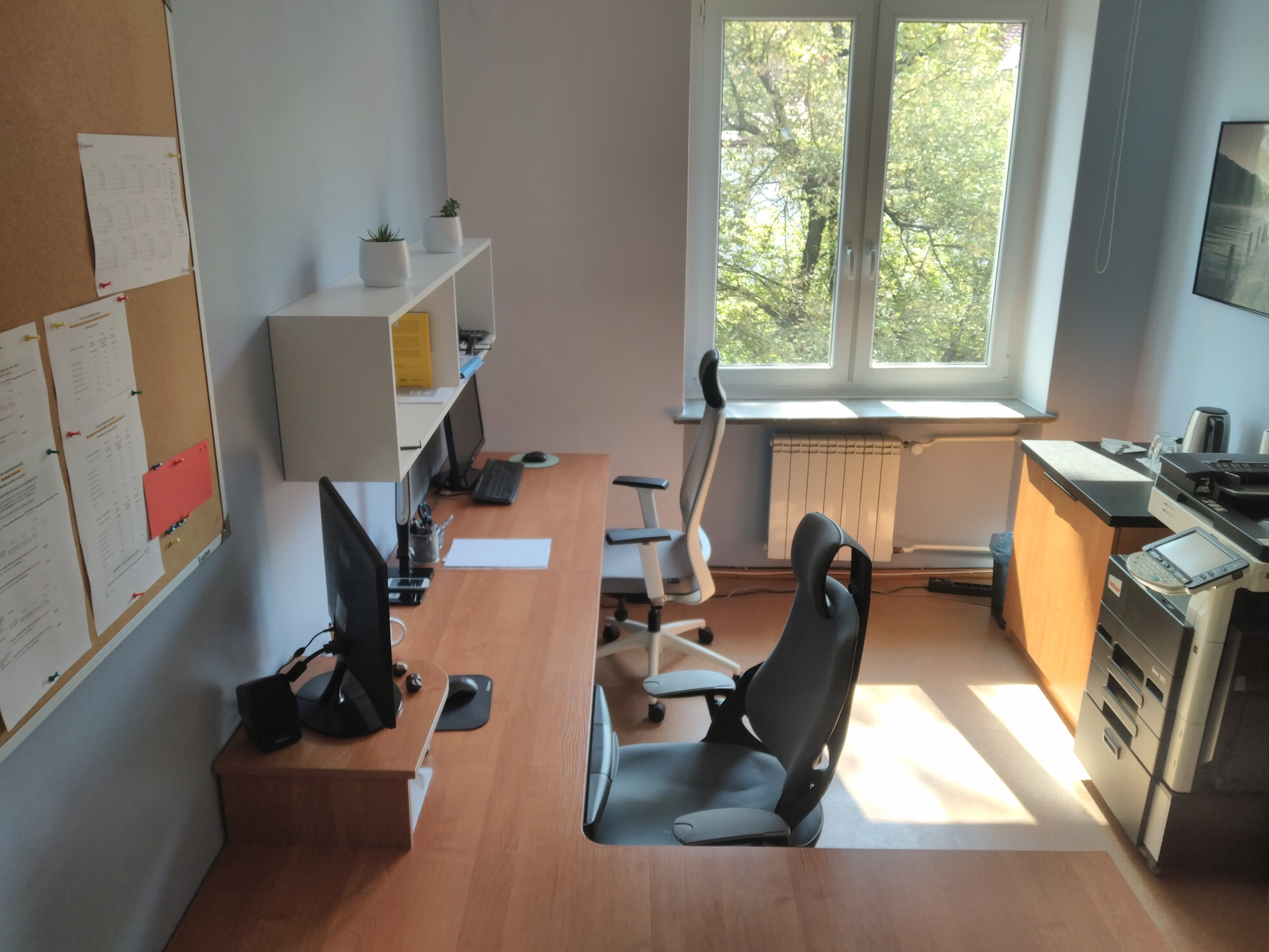 Jasne biuro z dwoma stanowiskami pracy, biurkami z drewna, ergonomicznymi krzesłami, komputerami i widokiem na zieleń za oknem; na ścianie tablica korkowa z dokumentami.