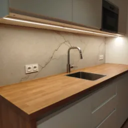Nowoczesna kuchnia z drewnianym blatem, marmurową ścianą nad blatem, oświetleniem LED pod szafkami i minimalistycznym zlewem ze stali nierdzewnej.