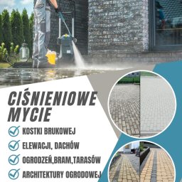 NaGlanc-Mycie kostki brukowej,elewacji,dachów. - Mężczyzna w okularach i kombinezonie roboczym czyści elewację budynku z cegły klinkierowej za pomocą myjki ciśnieniowej. W tle widoczny ogród i okno z odbiciem.