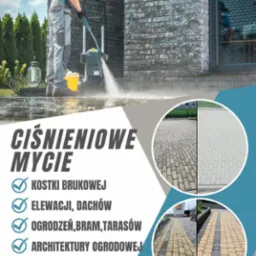 Mężczyzna w okularach i kombinezonie roboczym czyści elewację budynku z cegły klinkierowej za pomocą myjki ciśnieniowej. W tle widoczny ogród i okno z odbiciem.
