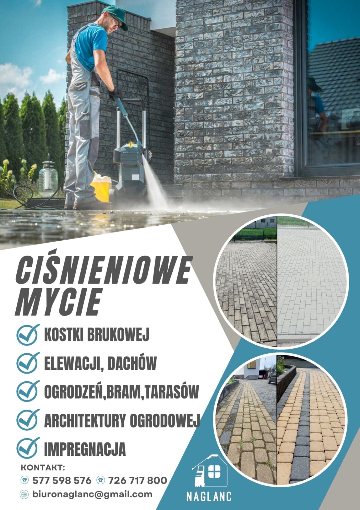 Mężczyzna w okularach i kombinezonie roboczym czyści elewację budynku z cegły klinkierowej za pomocą myjki ciśnieniowej. W tle widoczny ogród i okno z odbiciem.
