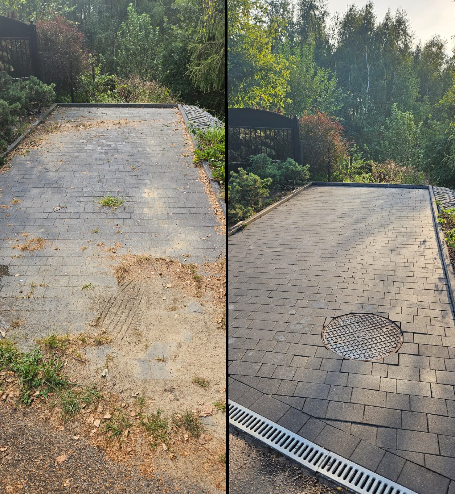 Porównanie stanu kostki brukowej przed i po czyszczeniu: po lewej stronie brudna powierzchnia z piaskiem, liśćmi i chwastami, po prawej czysta kostka z widoczną studzienką kanalizacyjną i odpływem...