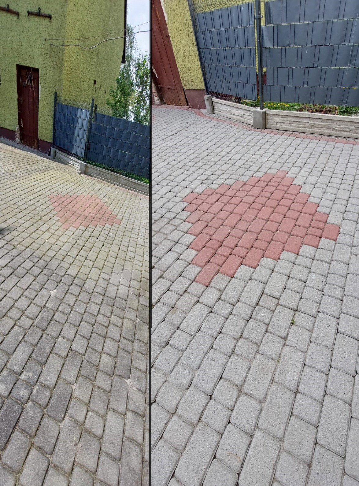 Porównanie stanu kostki brukowej przed i po czyszczeniu, z widoczną różnicą w kolorze i usuniętych zabrudzeniach.
