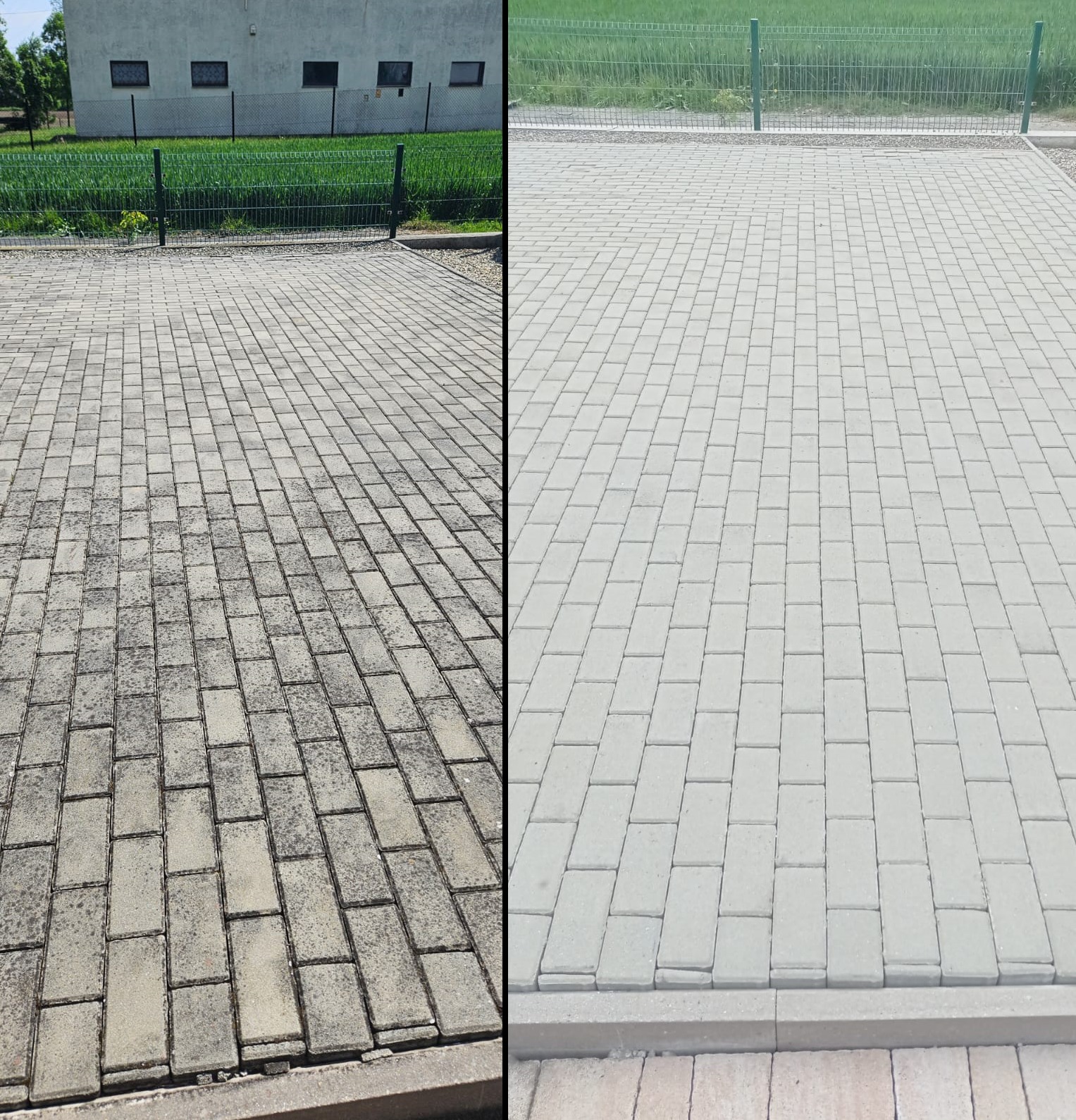 Porównanie stanu kostki brukowej przed i po zabiegu czyszczenia, widoczny wyraźny kontrast. Po lewej stronie kostka szara, zabrudzona, po prawej czysta, jasnoszara. W tle budynek i ogrodzenie.