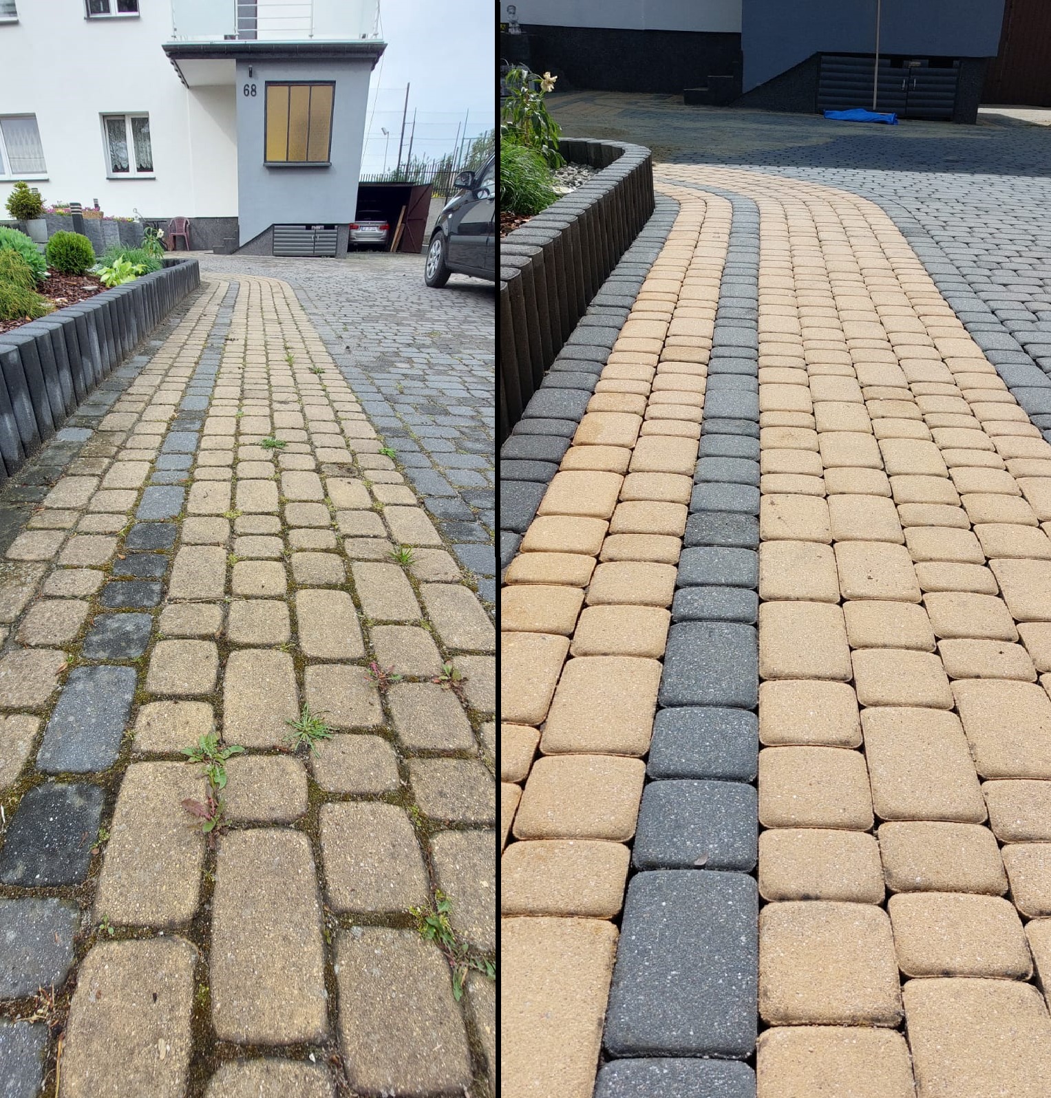 Porównanie kostki brukowej przed i po czyszczeniu, widoczne różnice w kolorze i usunięte zabrudzenia oraz roślinność.
