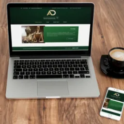 Laptop i smartfon wyświetlają stronę internetową kancelarii adwokackiej na drewnianym biurku, obok filiżanka kawy.
