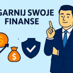 Ilustracja: Mężczyzna w garniturze wskazuje na napis 'Ogarnij swoje finanse'. Obok moneta i worek z symbolem dolara, tarcza ochronna i strzałka wzrostu.