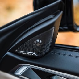 Krysik Studio - Detal wewnętrzny drzwi samochodu z głośnikiem Harman Kardon i chromowaną klamką na tle rozmytego krajobrazu.