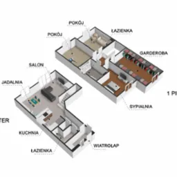 Rzut 3D domu dwukondygnacyjnego, widok z g&oacute;ry, prezentujący układ pomieszczeń na parterze i pierwszym piętrze, z zaznaczonymi nazwami pomieszczeń.