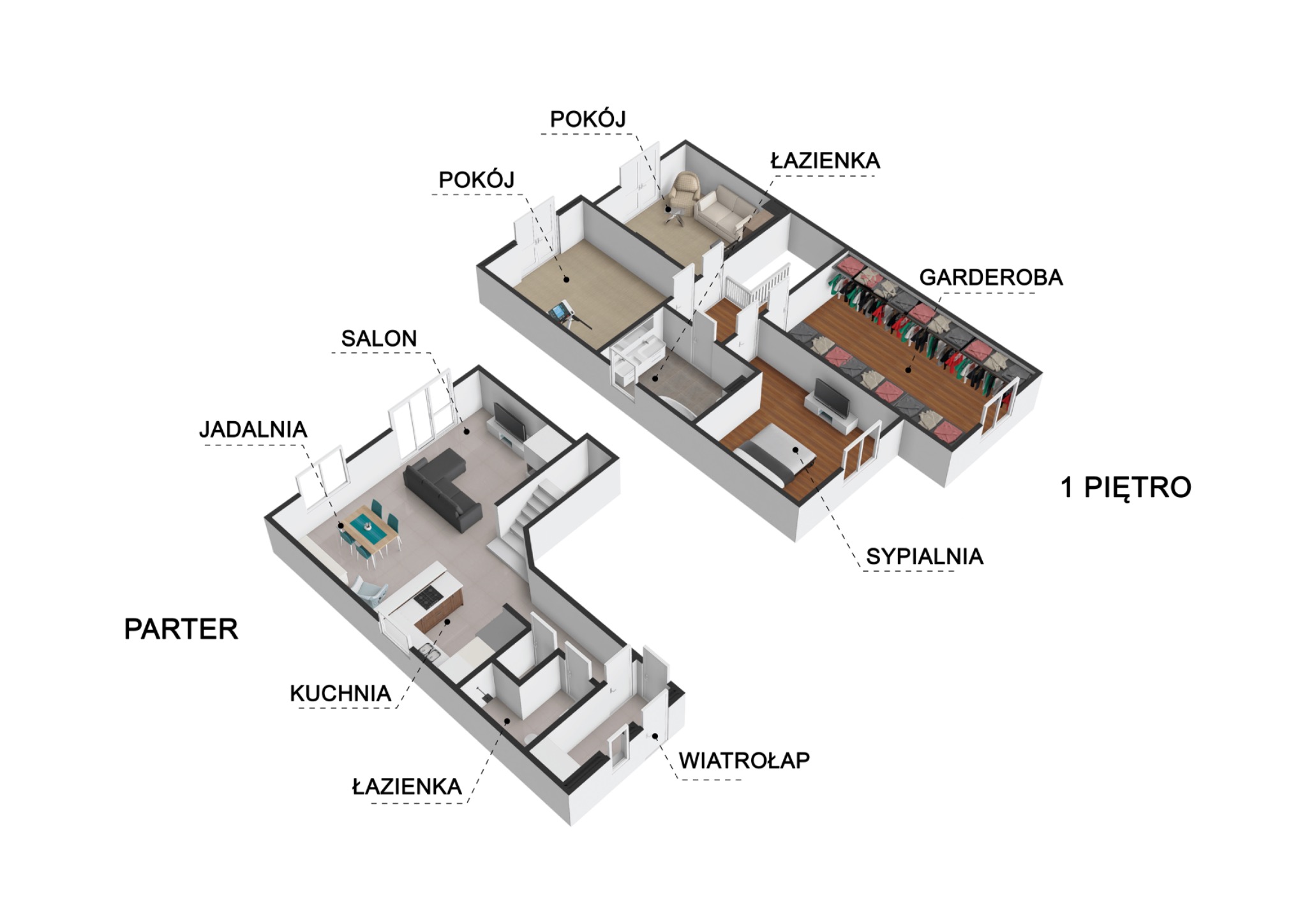Rzut 3D domu dwukondygnacyjnego, widok z góry, prezentujący układ pomieszczeń na parterze i pierwszym piętrze, z zaznaczonymi nazwami pomieszczeń.