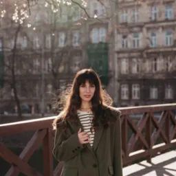 Brunetka w oversize'owym zielonym żakiecie, pozująca na drewnianym moście z miejską zabudową w tle, oświetlona promieniami słońca.
