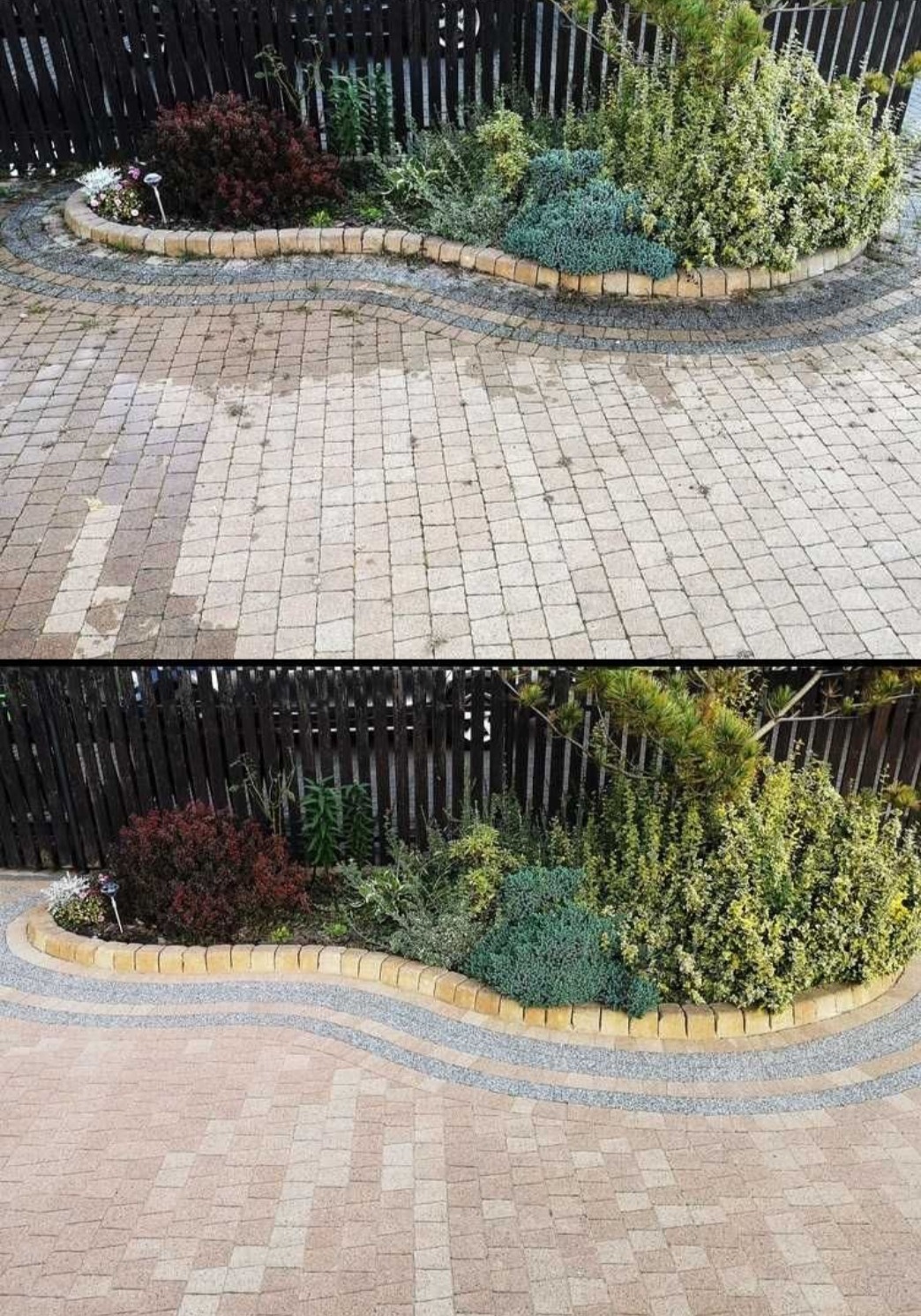 Fragment kostki brukowej przed i po czyszczeniu, widoczne różnice w kolorze i usunięte zabrudzenia, obok rabata z roślinami i drewniany płot.