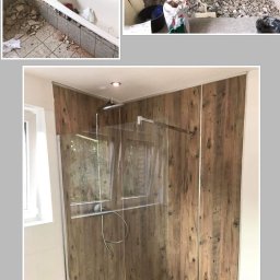 Marcin Wiewióra - Fotografia przedstawia metamorfozę łazienki: od stanu demontażu starej armatury i płytek, do nowoczesnej kabiny prysznicowej z panelami ściennymi imitującymi drewno i szklaną ścianką.