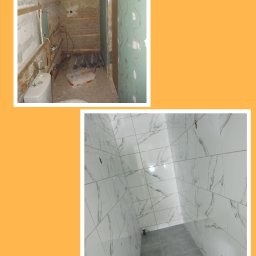 Marcin Wiewióra - Dwie fazy remontu łazienki: góra - stan surowy z drewnianą konstrukcją pod zabudowę, widoczne instalacje; dół - wykończona łazienka z białymi płytkami imitującymi marmur i szarą podłogą.