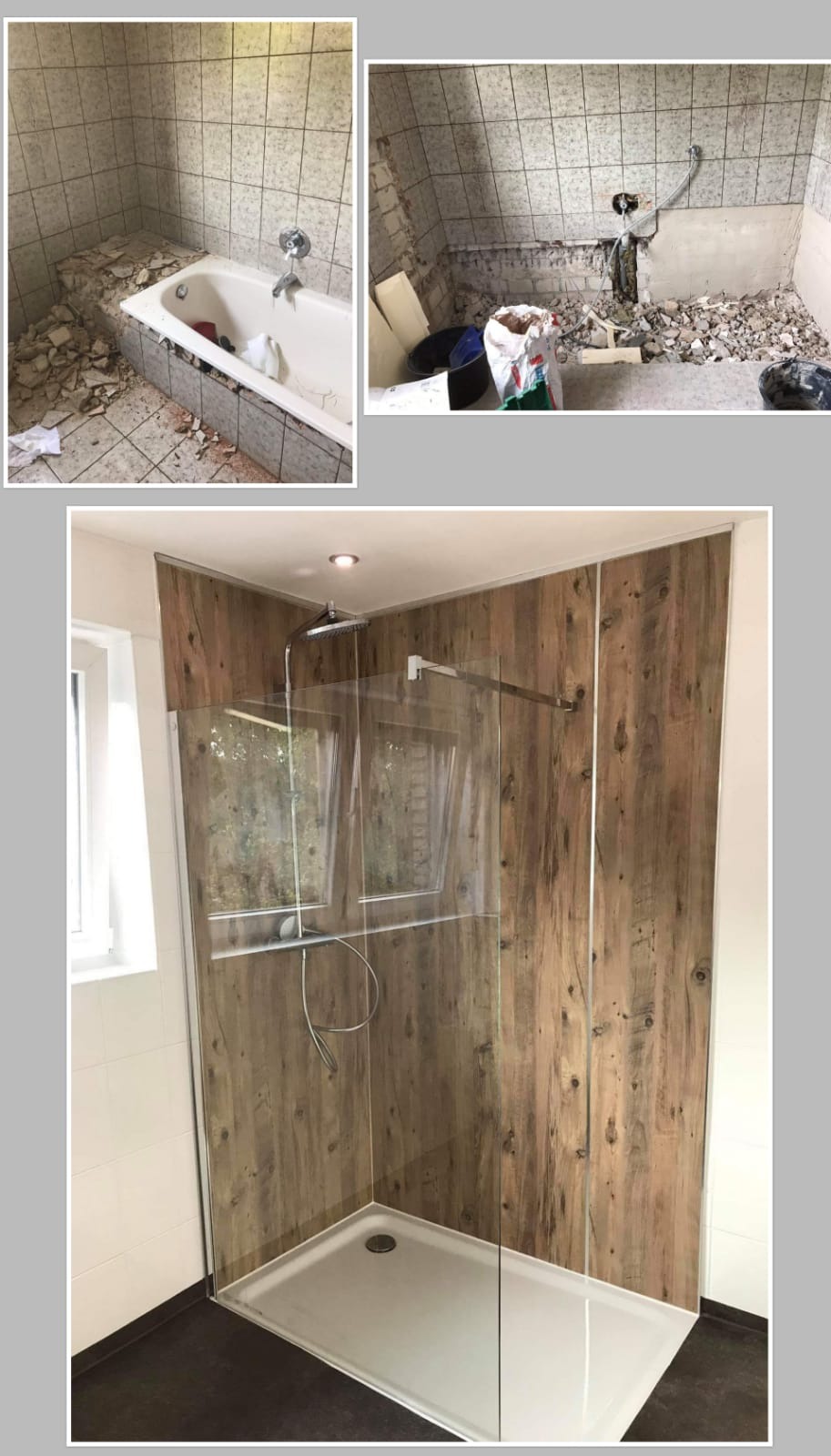 Fotografia przedstawia metamorfozę łazienki: od stanu demontażu starej armatury i płytek, do nowoczesnej kabiny prysznicowej z panelami ściennymi imitującymi drewno i szklaną ścianką.