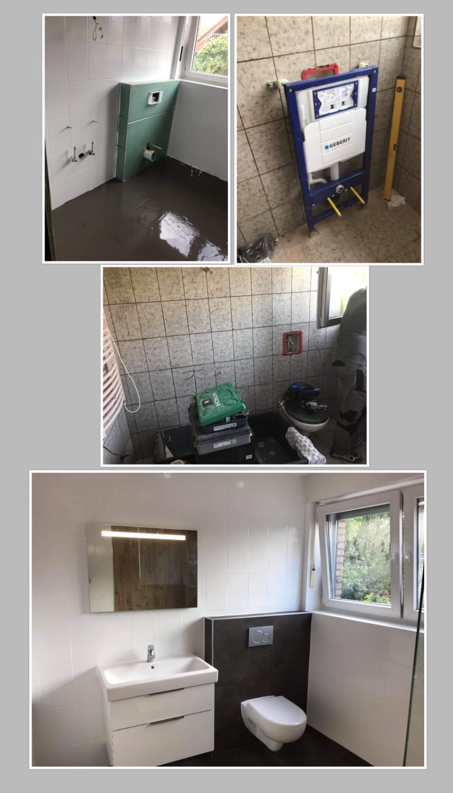 Fotokolaż przedstawiający etapy prac w łazience: wylewka podłogi, montaż stelaża podtynkowego Geberit, oraz gotowa łazienka z umywalką, lustrem i toaletą.