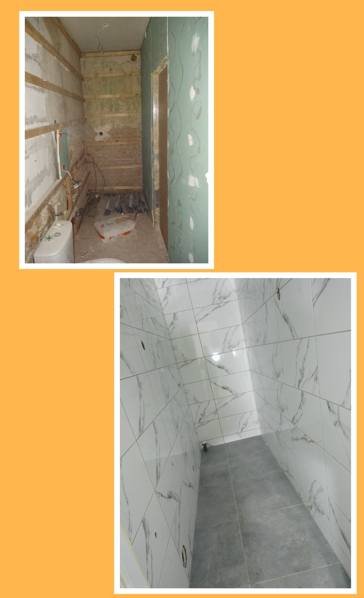 Dwie fazy remontu łazienki: góra - stan surowy z drewnianą konstrukcją pod zabudowę, widoczne instalacje; dół - wykończona łazienka z białymi płytkami imitującymi marmur i szarą podłogą.