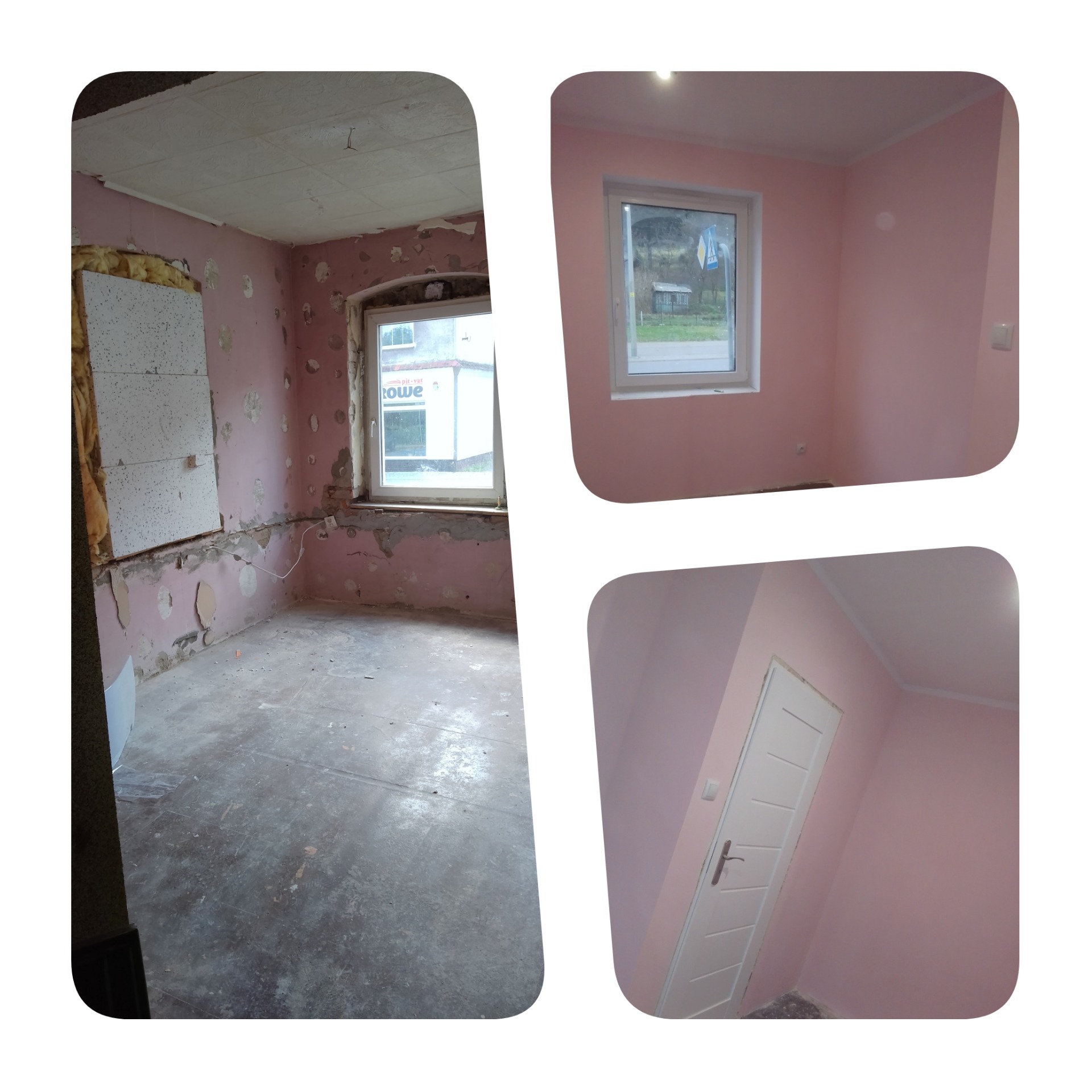 Kolaż przedstawia pokój w dwóch etapach: przed i po. Lewa strona ukazuje pomieszczenie w stanie surowym, z odsłoniętymi fragmentami ścian i widocznymi instalacjami. Prawa strona prezentuje...