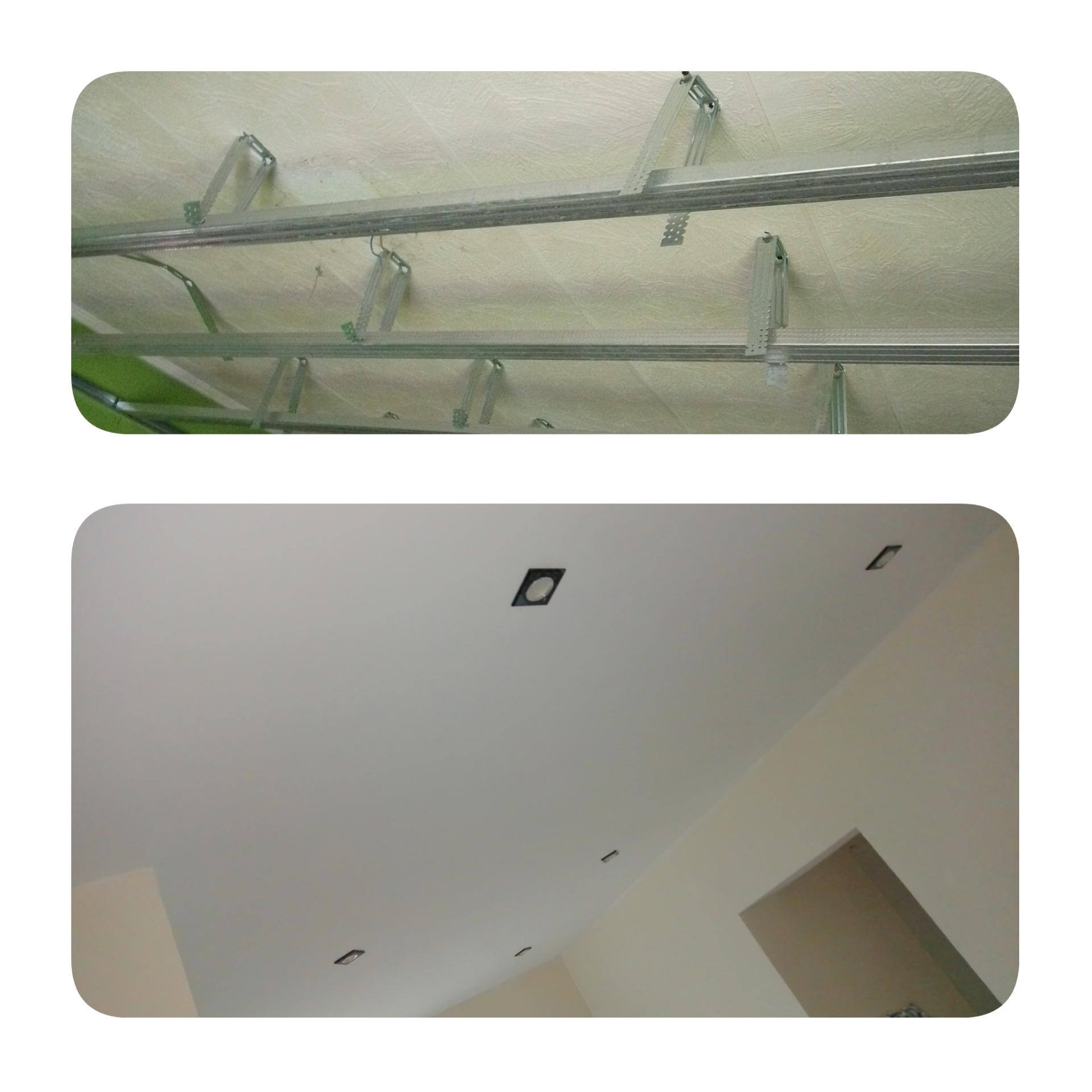 Dwa ujęcia sufitu: górne przedstawia metalową konstrukcję podwieszaną z widocznymi elementami mocującymi, dolne ukazuje gotowy, pomalowany sufit z wbudowanymi, małymi oprawami oświetleniowymi.