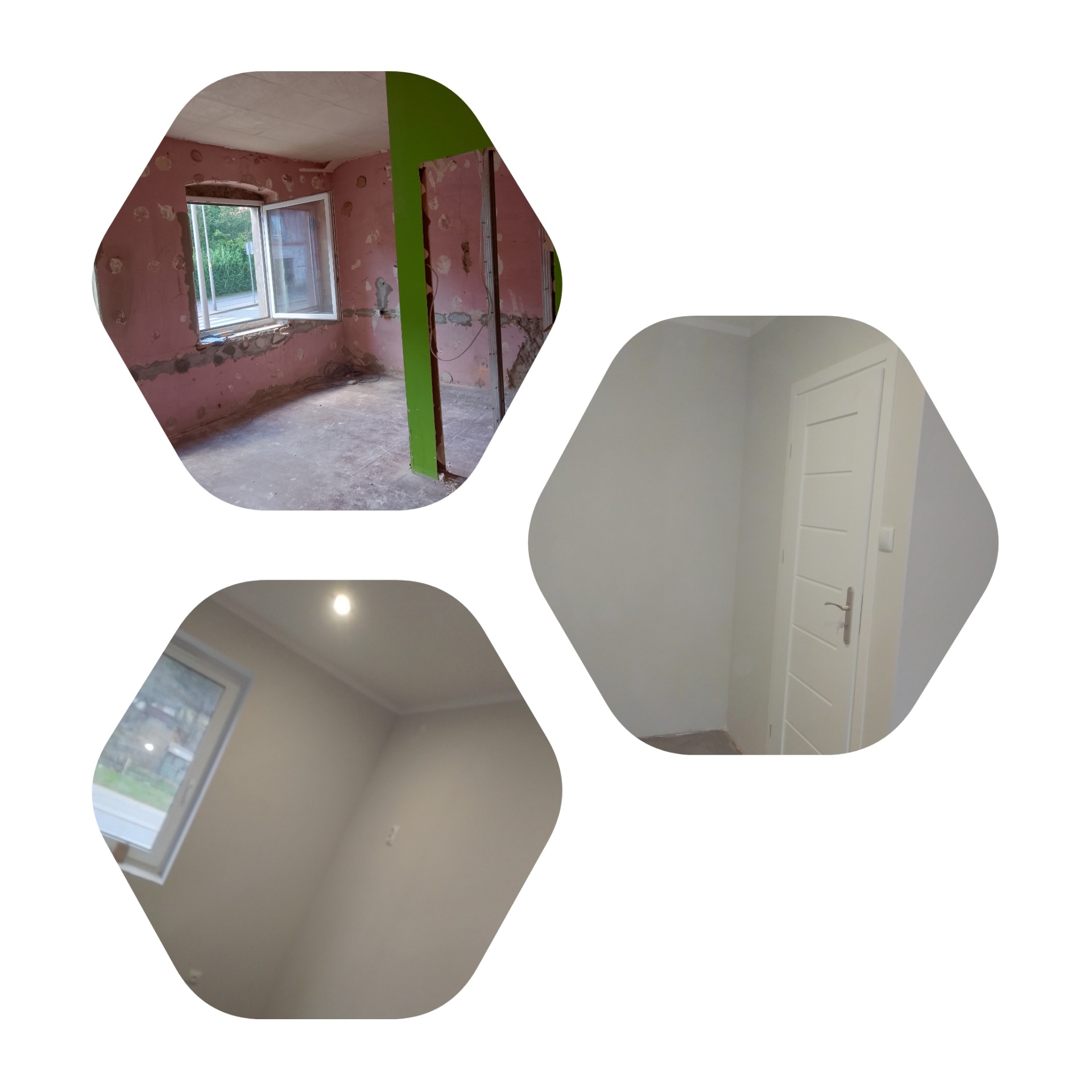 Kompozycja trzech ujęć: pokój w trakcie demontażu z odsłoniętą cegłą i otwartym oknem, pokój po remoncie z nowymi, pomalowanymi ścianami i oknem oraz pokój po remoncie z zamontowanymi drzwiami.