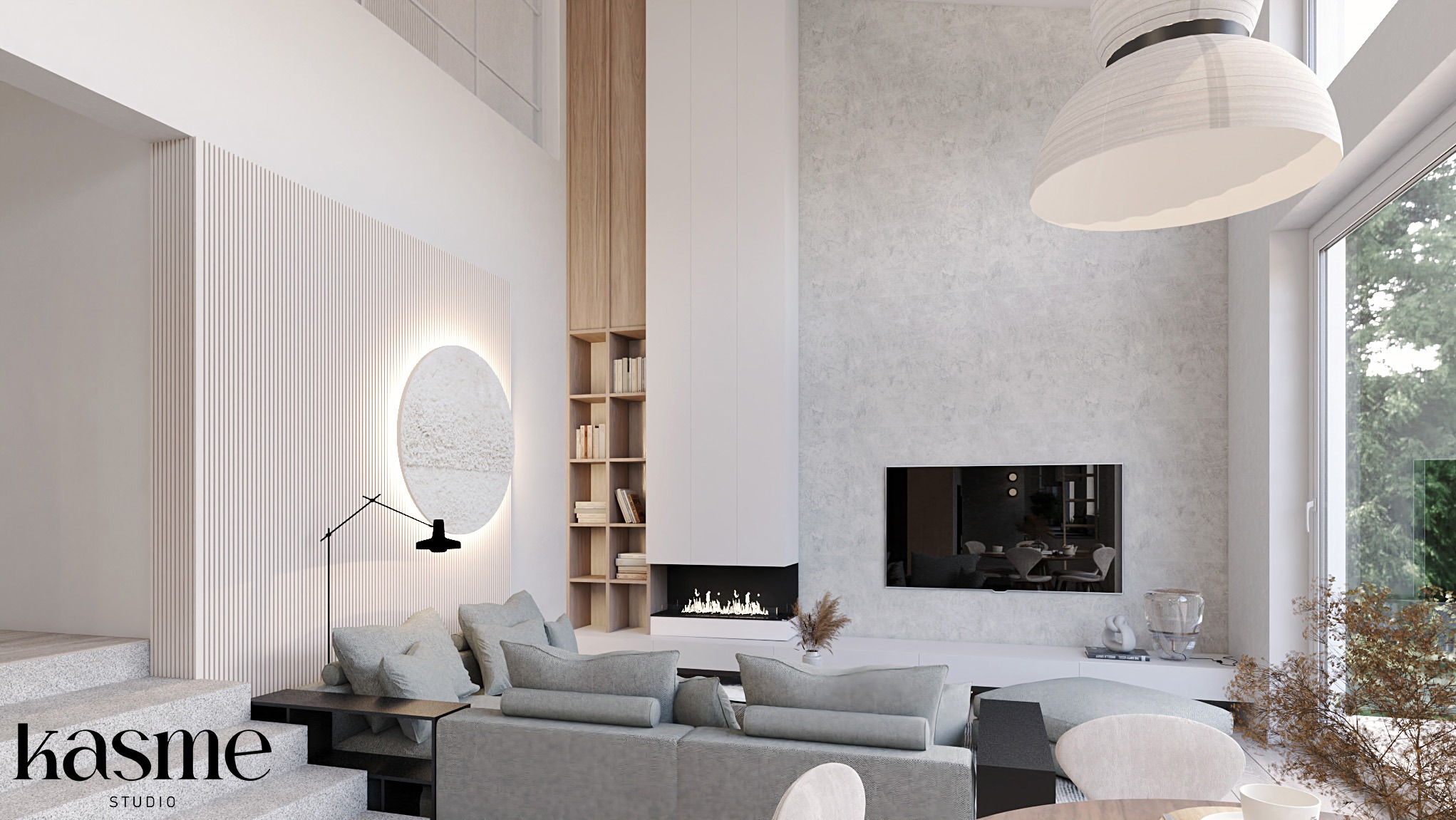 Jasne, przestronne wnętrze salonu z wysokim sufitem, minimalistycznym kominkiem, regałem na książki i okrągłym, podświetlanym elementem dekoracyjnym na ścianie z lamelami.