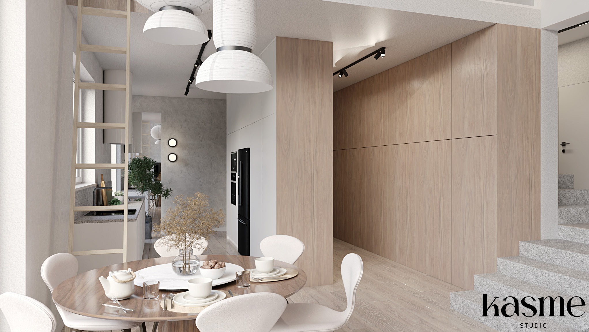 Wnętrze mieszkania z okrągłym stołem jadalnym, białymi krzesłami i minimalistyczną kuchnią w tle, oświetlone lampami wiszącymi i punktowymi, z drewnianą zabudową ścienną i schodami prowadzącymi...