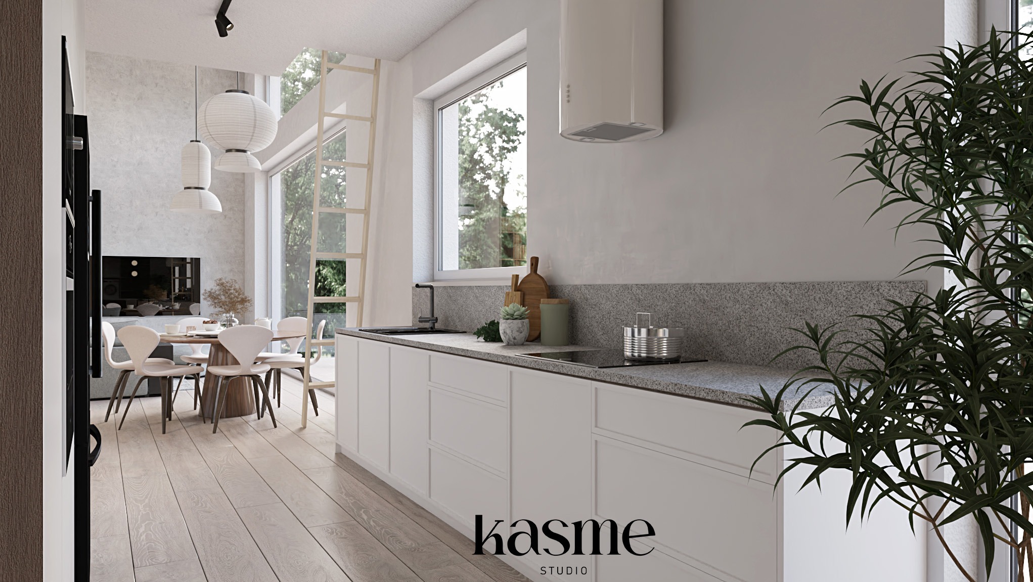 Jasna kuchnia z białymi szafkami, szarym blatem i okapem cylindrycznym; w tle jadalnia z okrągłym stołem i wiszącymi lampami kulistymi, widok na zieleń za oknem, drewniana drabina oparta o ścianę...