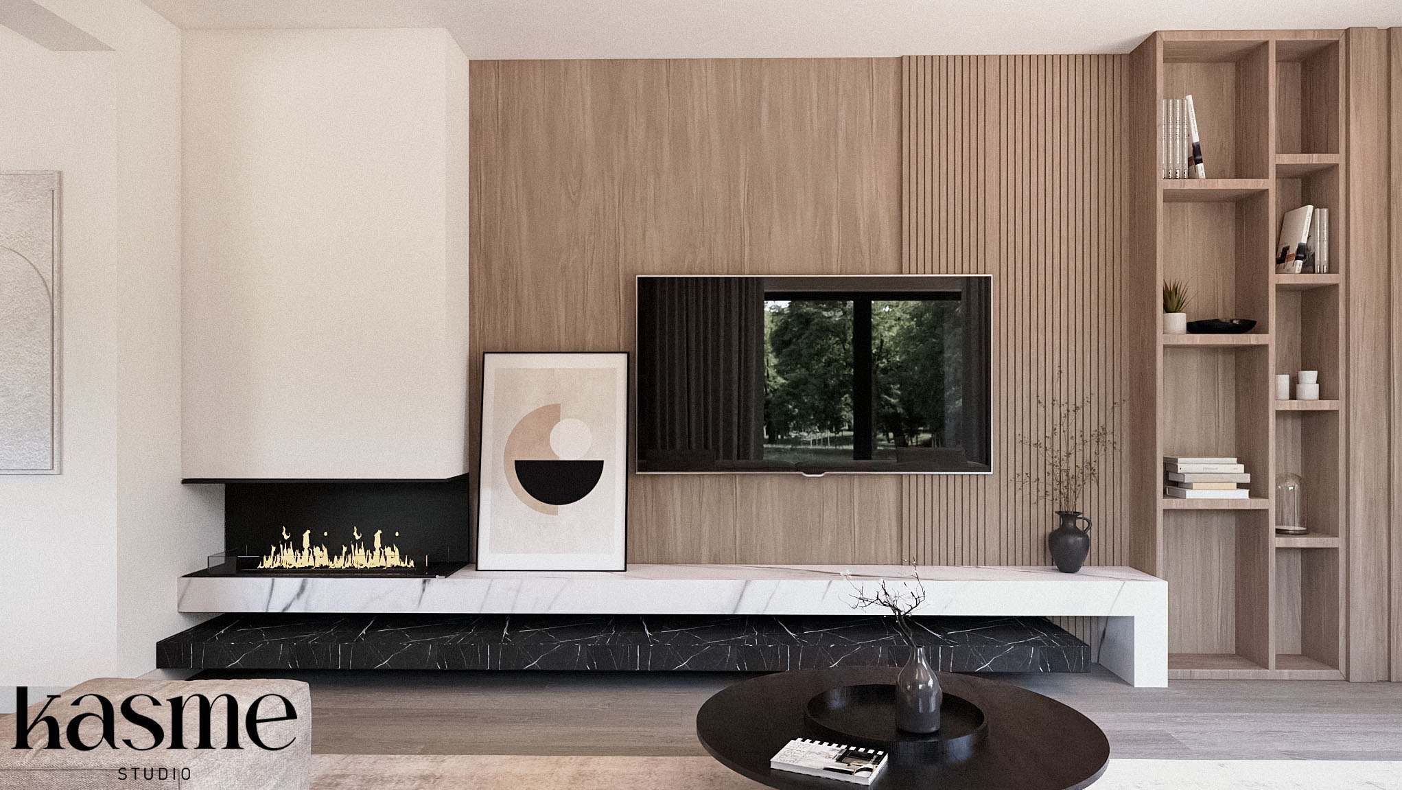 Nowoczesny salon z kominkiem, telewizorem i drewnianą ścianą, minimalistyczny wystrój z elementami marmuru i geometrycznymi dekoracjami, oświetlenie punktowe podkreślające detale.