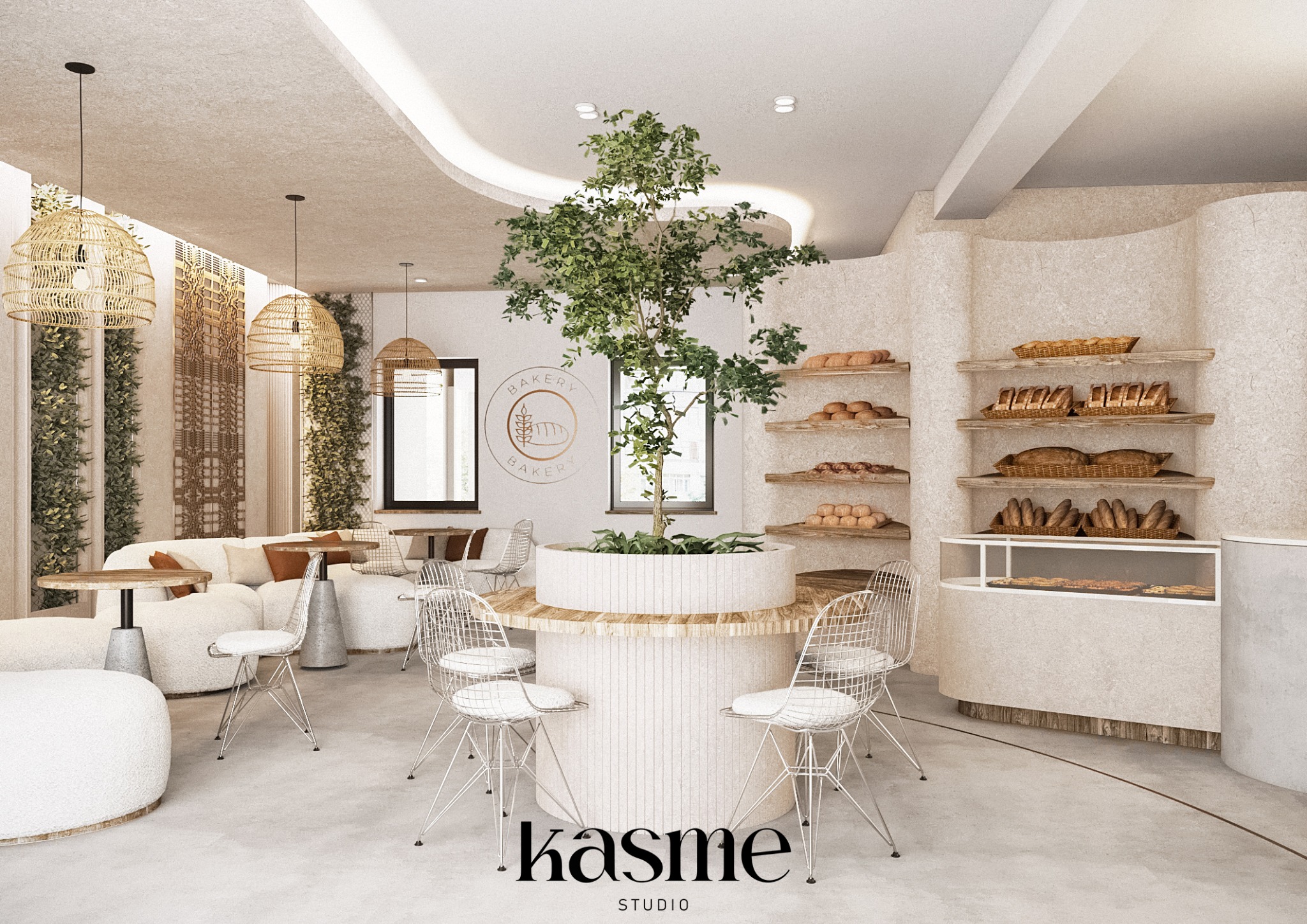 Wizualizacja wnętrza piekarni w jasnych barwach z elementami drewna i roślin, okrągły stolik z drzewem w centrum, półki z pieczywem w tle, wiszące lampy z rattanu, sofa z poduszkami.