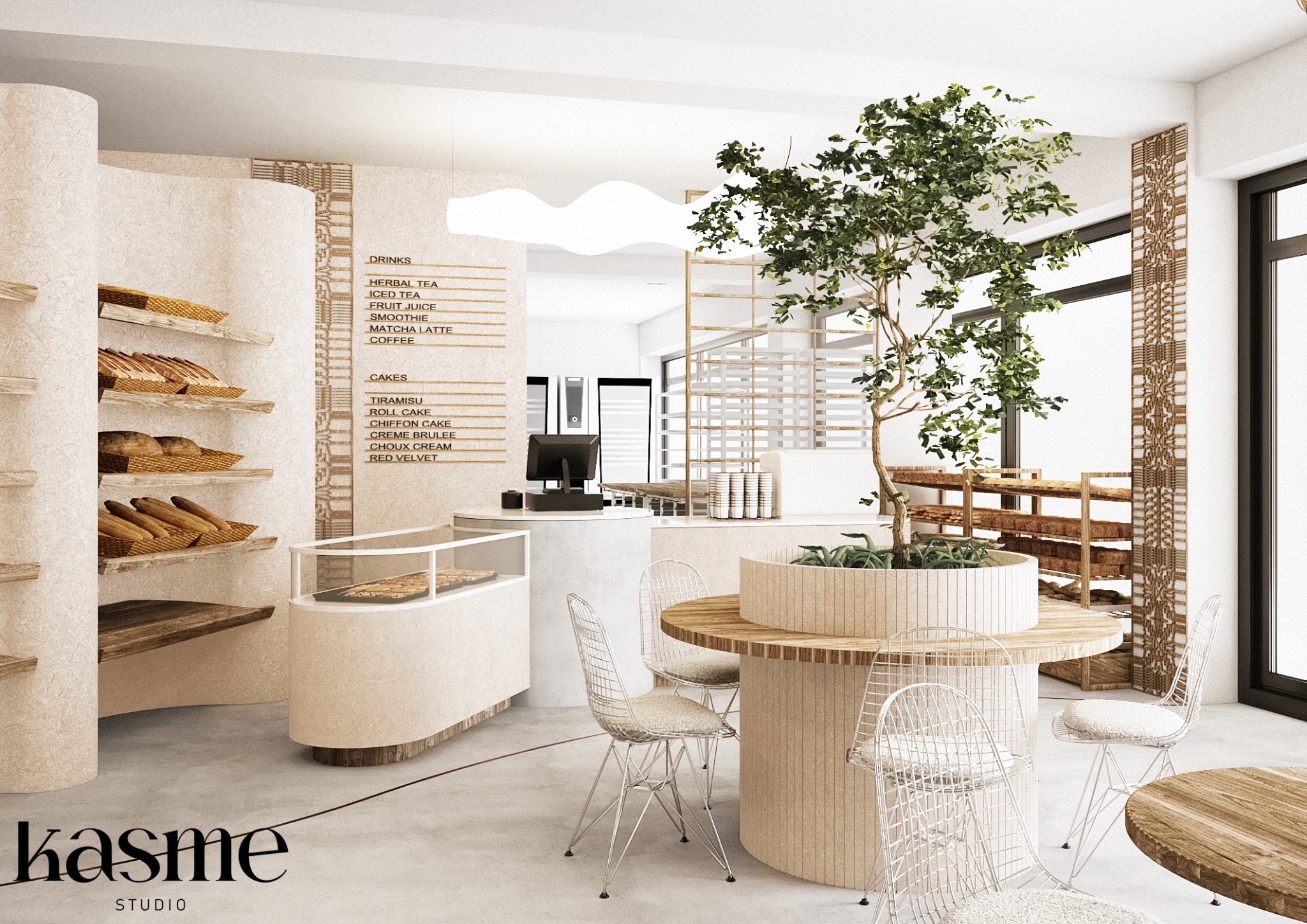 Wizualizacja wnętrza kawiarni/cukierni z drewnianymi regałami pełnymi pieczywa, menu na ścianie, stolikami z krzesłami i drzewkiem w centralnej części. Stonowana kolorystyka, jasne drewno...