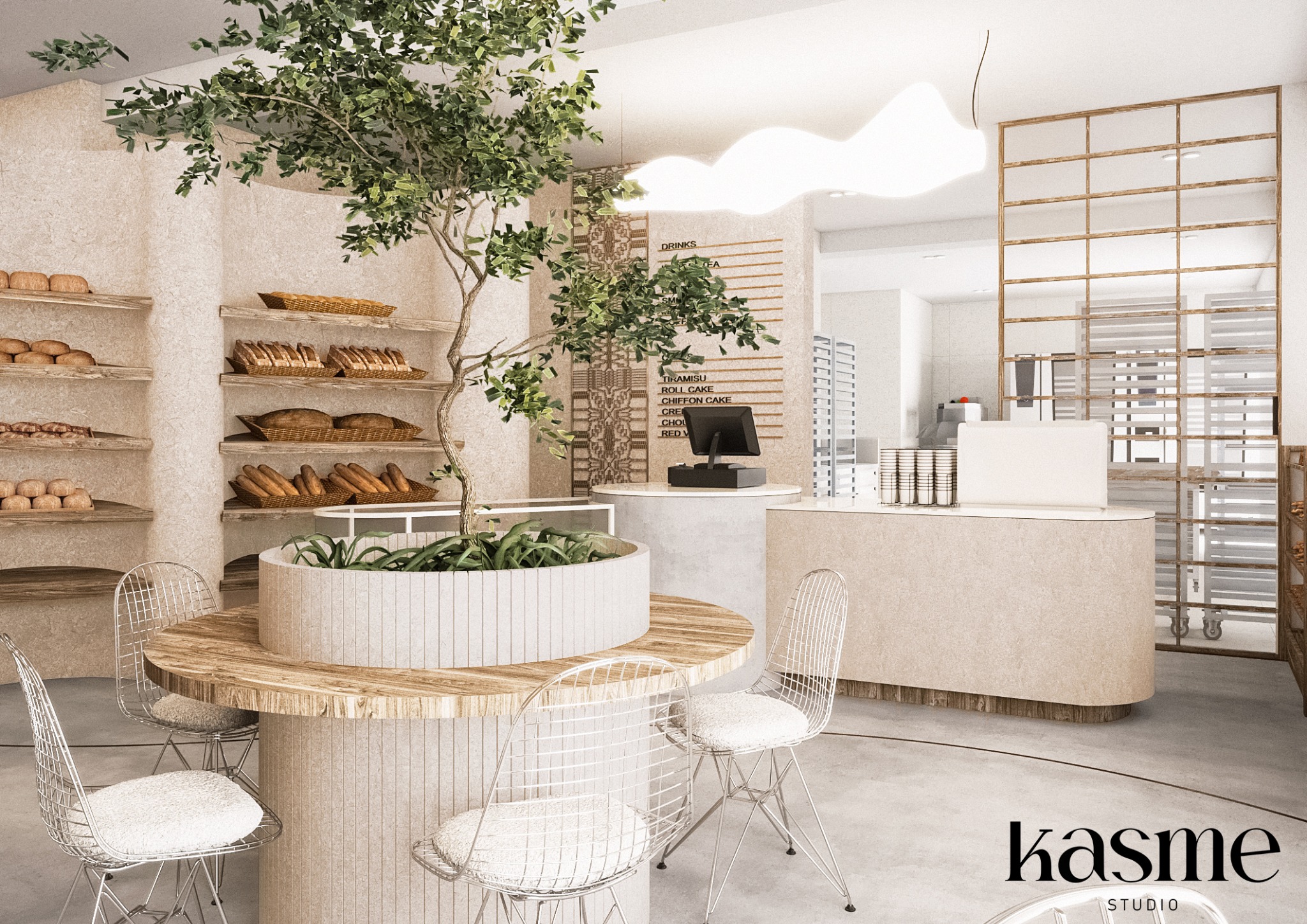 Jasne wnętrze piekarni z drewnianymi półkami pełnymi pieczywa, okrągłym stolikiem z roślinnością, metalowymi krzesłami i ladą z menu napojów.