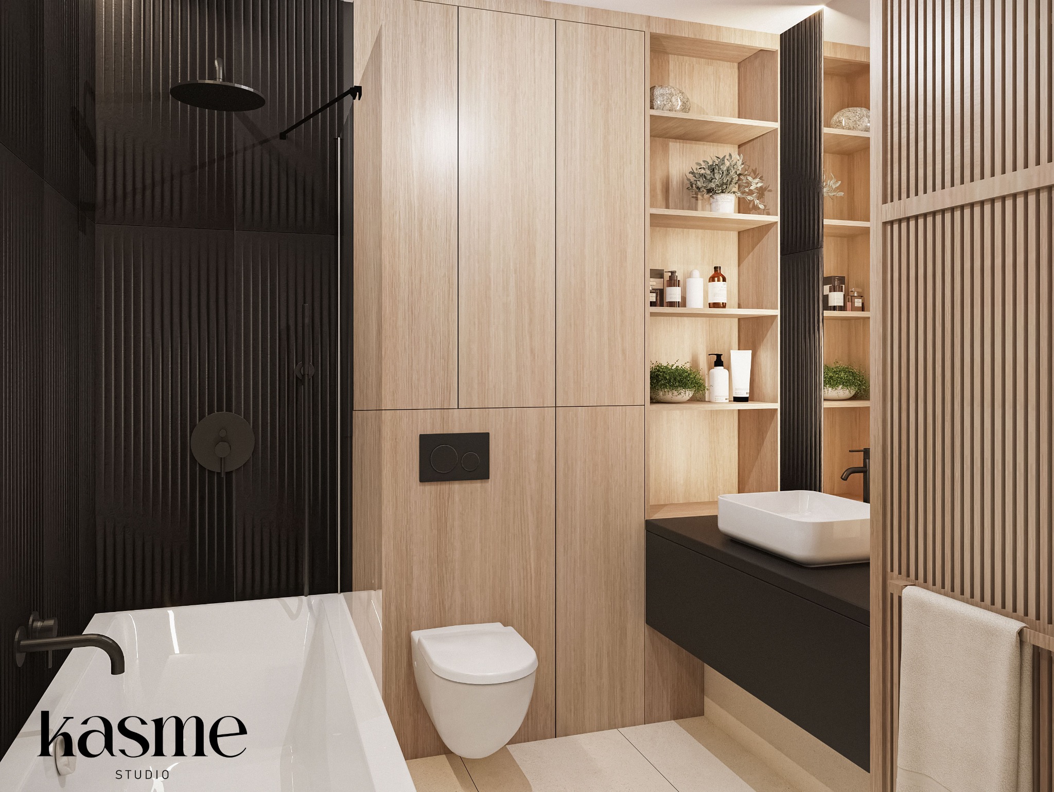 Nowoczesna łazienka z kabiną prysznicową wykończoną czarnymi, pionowo żłobionymi płytkami, jasnymi drewnianymi szafkami z otwartymi półkami, białą umywalką nablatową i wiszącą toaletą.