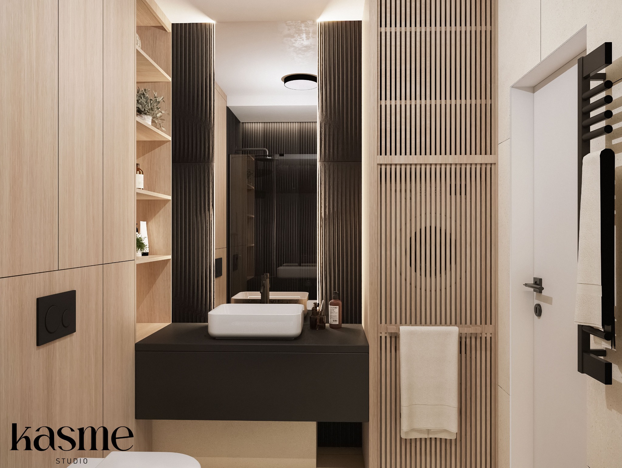 Nowoczesna łazienka z elementami drewna: umywalka nablatowa, czarne szafki pod umywalką, drewniane lamele na ścianie, minimalistyczne oświetlenie i czarne akcenty.