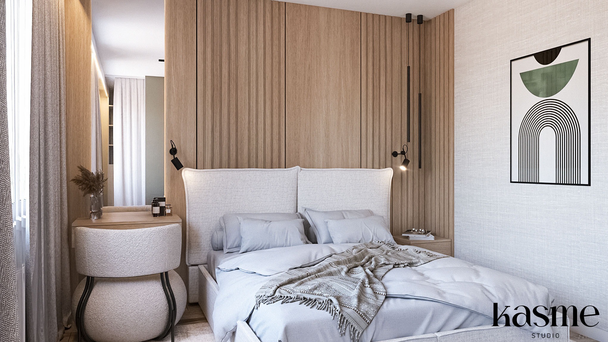 Nowoczesna sypialnia z drewnianą ścianą, łóżkiem z szarą pościelą i stolikiem z krzesłem o nietypowej formie. Na ścianie wisi grafika w czarnej ramie. Oświetlenie punktowe podkreśla detale.