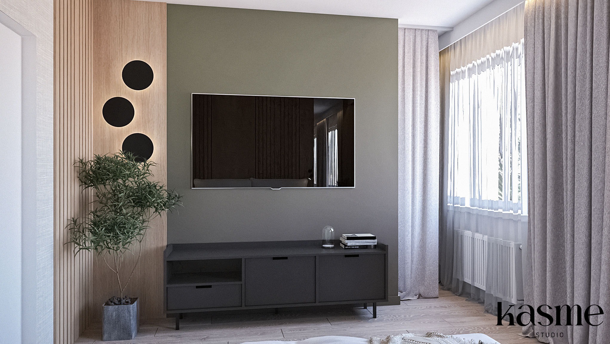 Nowoczesny salon z minimalistycznym designem: szara szafka RTV pod wiszącym telewizorem, drewniana ściana z okrągłymi lampami, roślina w szarej doniczce, okno z jasnymi zasłonami.