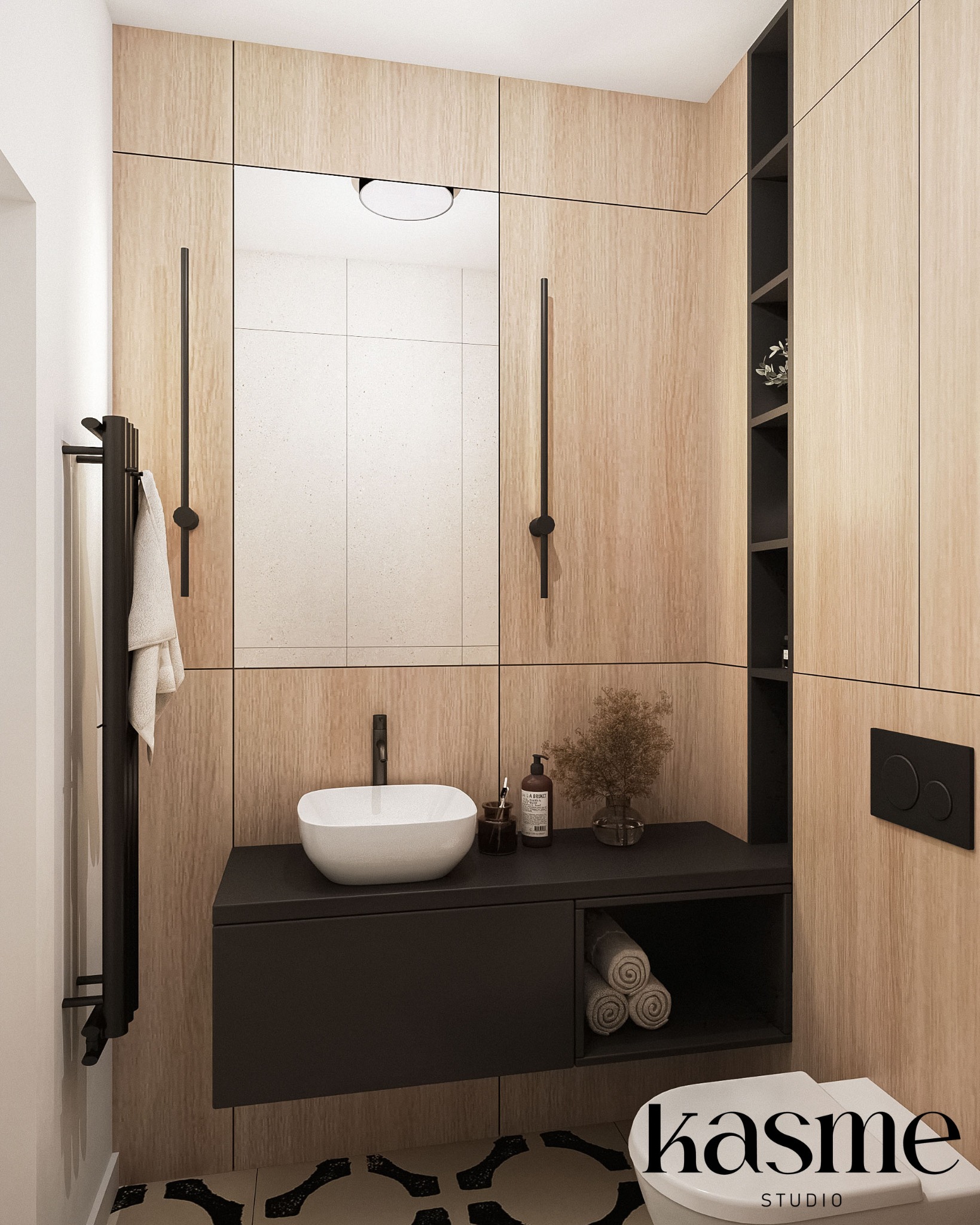 Nowoczesna łazienka z drewnianymi panelami, umywalką nablatową, czarną armaturą i geometryczną podłogą. Minimalistyczne oświetlenie i dekoracje.