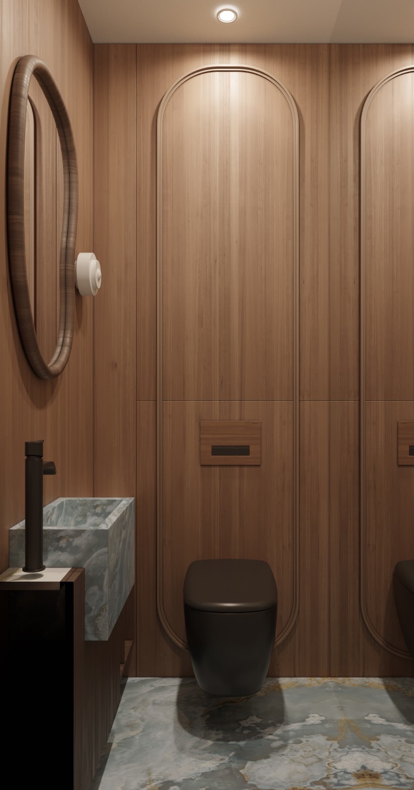 Nowoczesna łazienka z drewnianymi panelami ściennymi, umywalką z marmuru i czarną armaturą, minimalistyczna toaleta w kolorze grafitowym.